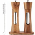 8 Inch Acacia Wooden Salt and Pepper Grinder Set with Tray, Manual Salt & Pepper Shakers with Adjustable Coarseness, Salt and Pepper Mills