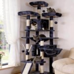 Hey-brother Cat Tree, 180 cm XL Large Cat Tower for Indoor Cats, Multi-Level House with 3 Padded Perches, Big Scratcher, Cozy Basket, 2 Cat Condos and Scratching Posts, Smoky Gray MPJ034G