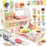Wooden Ice Cream Toys Kids Pretend Play Store Toys for Toddlers Girls 3-5, Play Kitchen Accessories with Counter & Menu, Wooden Food Christmas Birthday Gifts for 3 4 5 Year Old Girls Boys