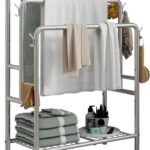 Free Standing Towel Racks for Bathroom, 3 Tiers Towel Rack Stand Floor Bath Towel Holder with 6 Hooks, Metal Towel Organizers and Bathroom Storage for Laundry Room, Pool, Outdoor, Silver