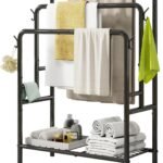 Free Standing Towel Racks for Bathroom, 3 Tiers Towel Rack Stand Floor Bath Towel Holder with 6 Hooks, Metal Towel Organizers and Bathroom Storage for Laundry Room, Pool, Outdoor, Black