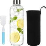 1L High Borosilicate Glass Water Bottle with Stainless Steel Leak-Proof Lid, Reusable Drinking Bottle for Cold or Hot Drinks, Gym, Office, Home Use, Includes Sleeve, Cleaning Brush