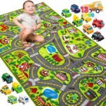 Kids Car Rug Play Mat with Toy Cars – Road Race Track Carpet for Toddlers & Boys Room (City View)