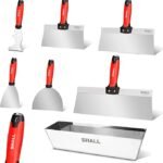 SHALL Drywall Knife Set, 7 Pcs Stainless Steel Drywall Hand Tool Kit Includes Putty knife, Taping knife, Painter Scraper Tool & 12" Mud Pan for Joint Taping, Finishing, Patching on Drywall, Wallpaper