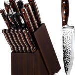 Kitchen Knife Set 15-Piece with Wooden Block. Ultra Sharp High Carbon German Stainless Steel Hammer Pattern Chef & Steak Knives. Full Tang Design with Forged Triple Rivet. Boxed Knife Set