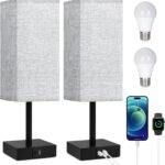 Bedside Table Lamp with USB Ports - Set of 2 Touch Control Lamp for Bedroom with USB C+A Charging Ports, 3 Way Dimmable Nightstand Light for Living Room Office, LED Bulb Included (Grey)