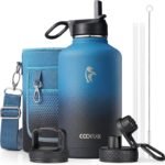 Coolflask 2 L Water Bottle Insulated with Straw & 3 Lids, Half Gallon Water Jug Large Metal Stainless Steel Wide Mouth, BPA-Free Keep Cold 48H Hot 24H, Samurai Cyan