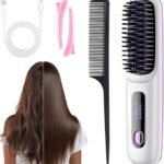2025 New Portable Straightener Brush, USB Rechargeable Cordless Mini Comb, Fast Heating Cordless Hair Wave, Portable Mini Hot Comb with Negative Ions Smoother (White)