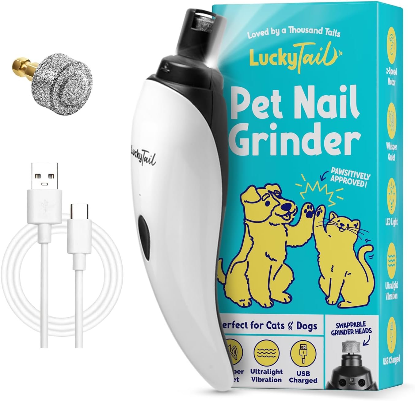 71RCWOc-1nL._AC_SL1500_ LuckyTail Pet Nail Grinder for Dogs and Cats - Super Quiet and Low Vibration Electric Dog Nail Grinder with 2 LED Lights - USB Rechargeable and Cordless - 2 Speeds - Small to Large Pets - Image 1