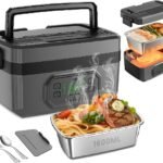 Portable Electric Lunch Box,24000mAh Cordless Heating Lunch Box 1.6 L Stainless Steel, Leakproof Portable Electric Food Warmer with 6 Temp, 8 Timer & Removable Tray Divider for Work/Travel/Camping
