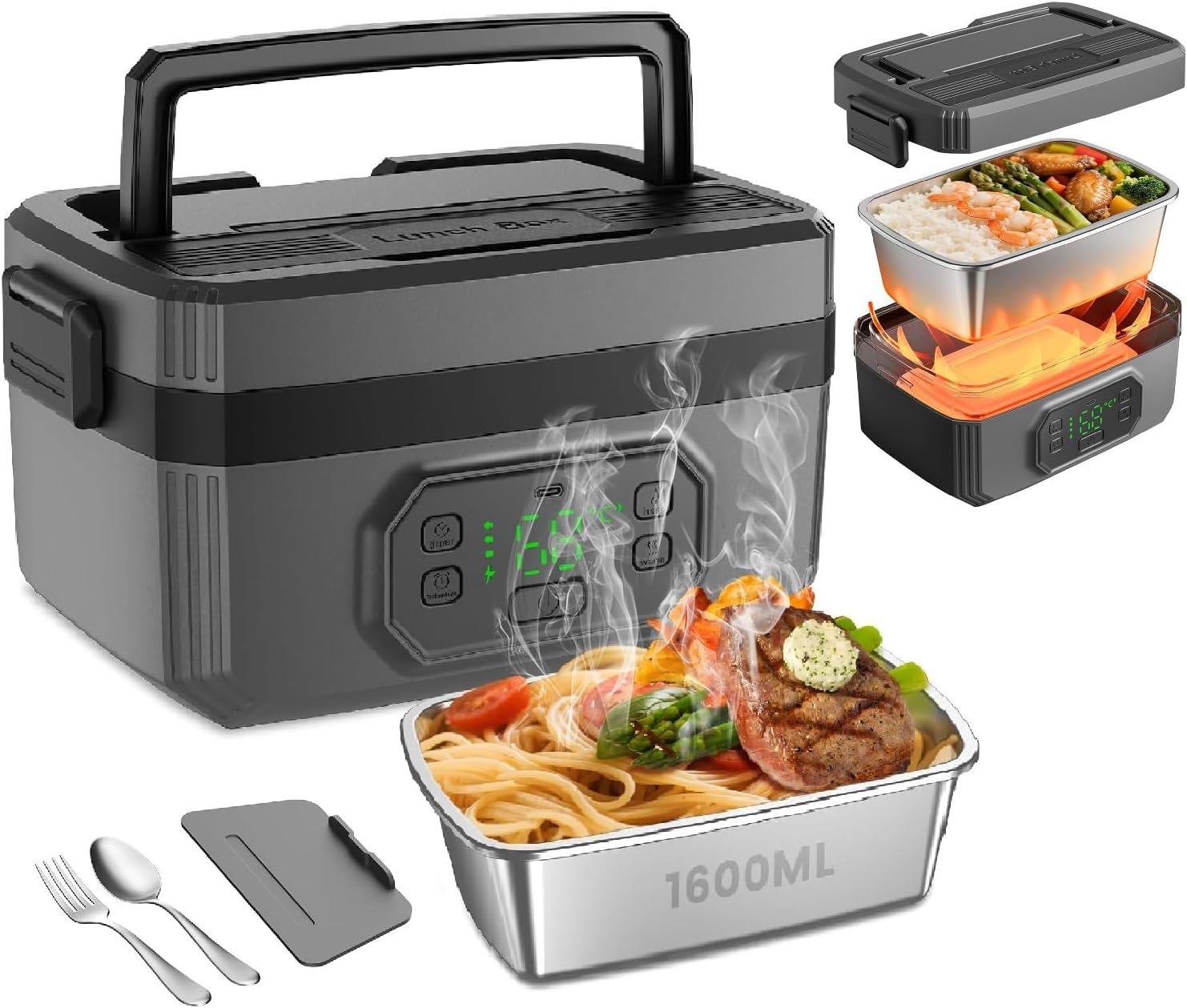 71ZLghYgFrL._AC_SL1500_ Portable Electric Lunch Box,24000mAh Cordless Heating Lunch Box 1.6 L Stainless Steel, Leakproof Portable Electric Food Warmer with 6 Temp, 8 Timer & Removable Tray Divider for Work/Travel/Camping - Image 1