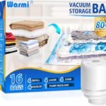 Warmi 16 Pack Vacuum Storage Bags with Electric Air Pump - Vacuum Sealer Bags for Clothes Storage, Blanket, Duvets, Pillows, Comforter, Moving Home Storage & Organisation (16 Combo-EPUMP)