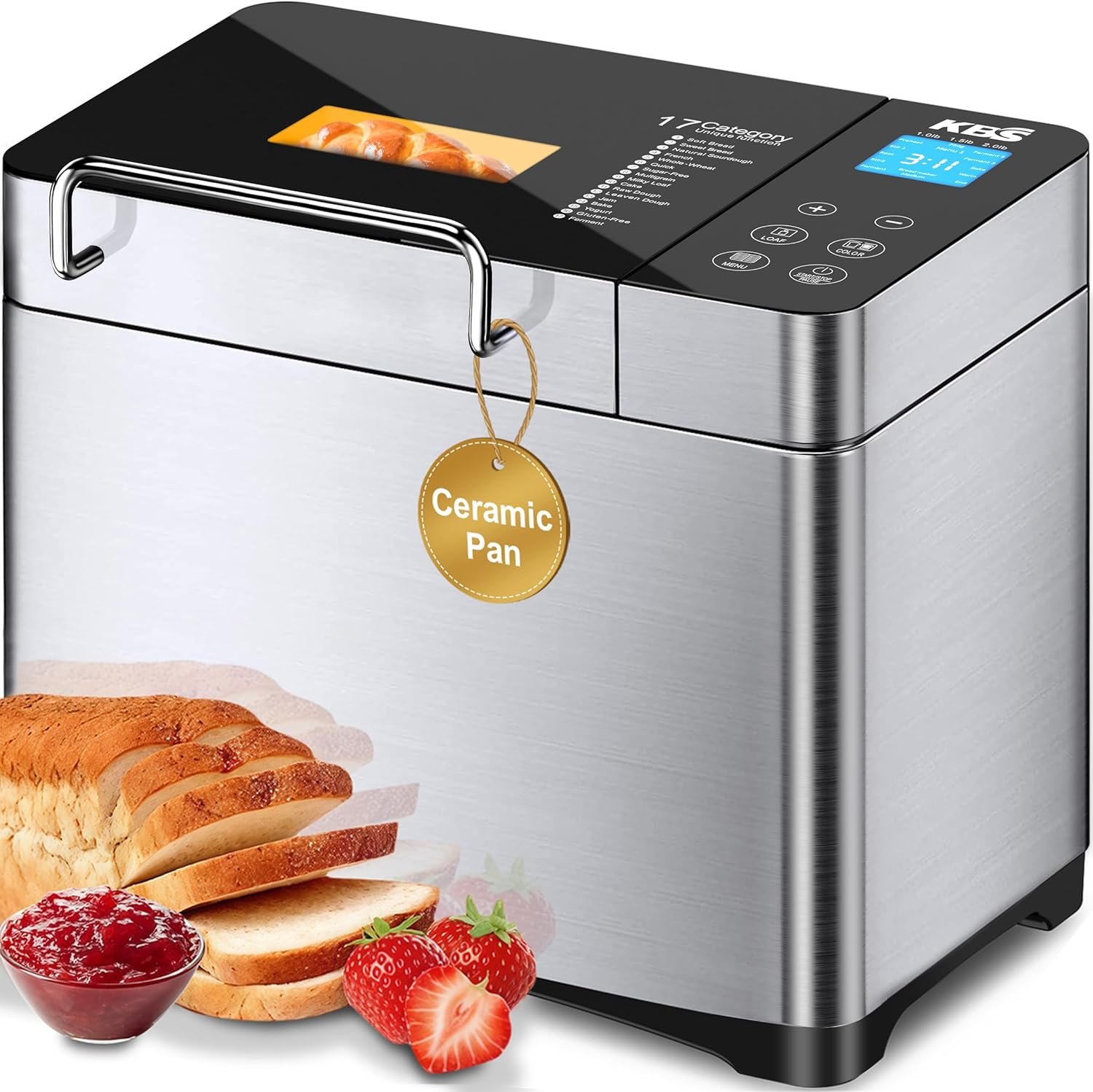 81TLoODIoVL._AC_SL1500_ KBS Pro 710W Bread Maker, 2LB 17-in-1 Automatic Bread Machine with Healthy Ceramic Pan, Nut Dispenser, Tempered Glass Touch Panel, Stainless Steel Housing,3 Crust Colors, 15H Timer&Keep-Warm, Recipe - Image 1