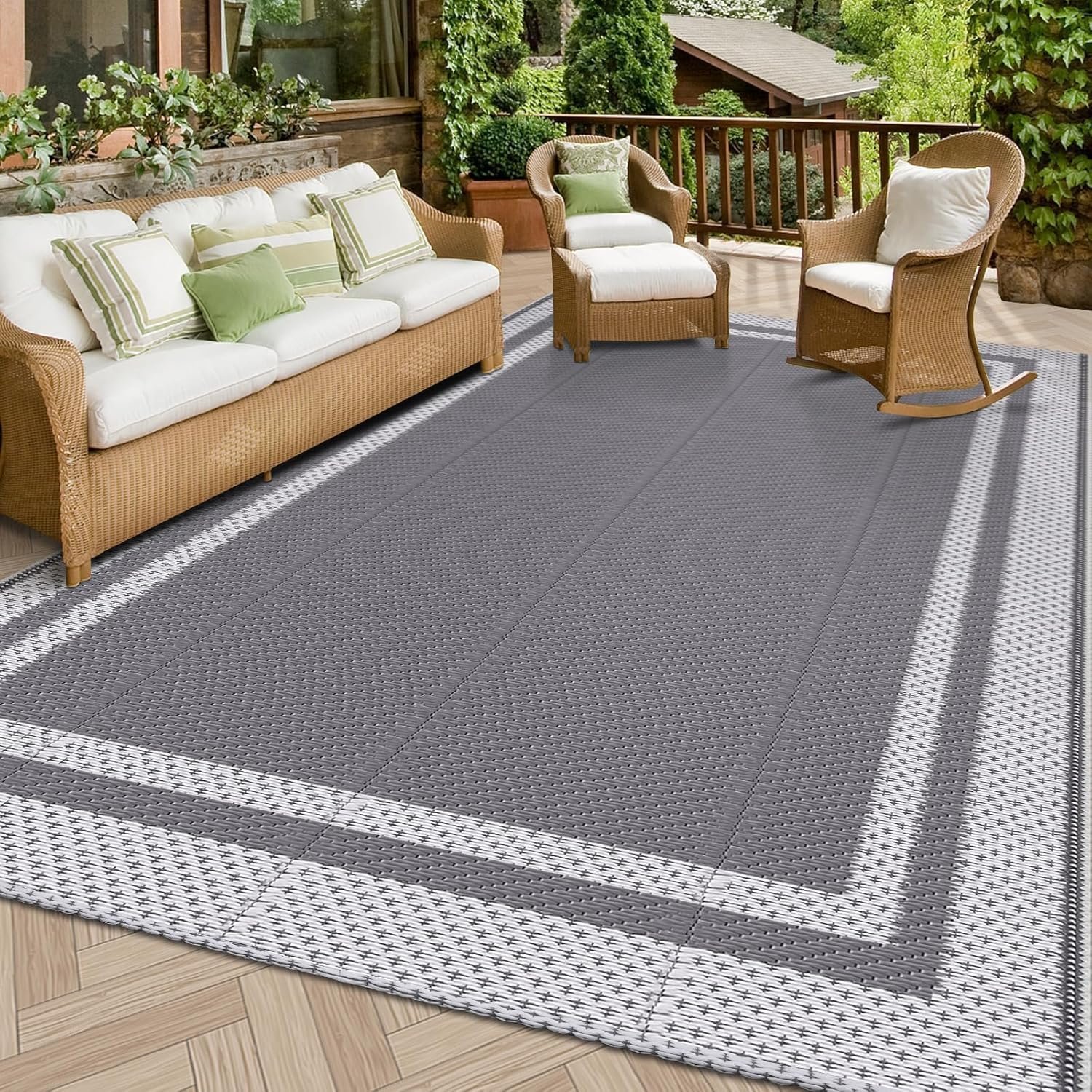 Ad Extra Large Outdoor Rug(275x365cm) - Camping Rug, Porch Rug, Reversible Portable Outdoor Plastic Straw Rug, Waterproof Mat for Rv, Deck, Camper, Balcony, Patio (Grey, 275x365cm) - Image 1