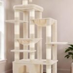 Heybly Cat Tree, 180cm Tall Cat Tower for Large Maine Coon Cats with Extra-Large Baseboard, Cat Condo Furniture with Multi-Level Platforms, 2 Hammocks and 12 Scratching Posts, Beige HCT037M
