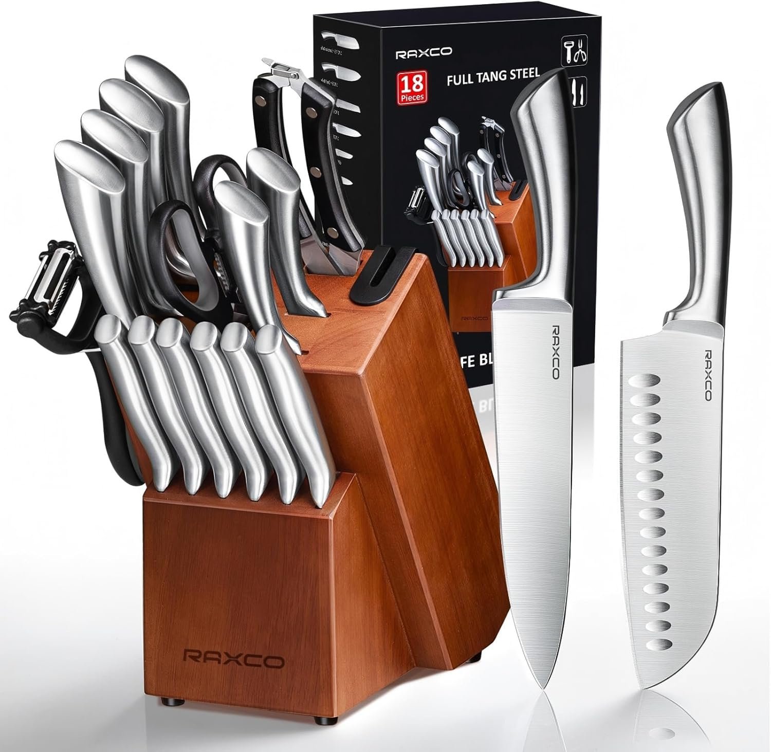 DSATG RAXCO Knife Block Set with Sharpener,18 Piece Kitchen Knife Set- 6 Chef Knives Steak Knives Set for Home Restaurant - Image 1