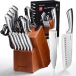 RAXCO Knife Block Set with Sharpener,18 Piece Kitchen Knife Set- 6 Chef Knives Steak Knives Set for Home Restaurant
