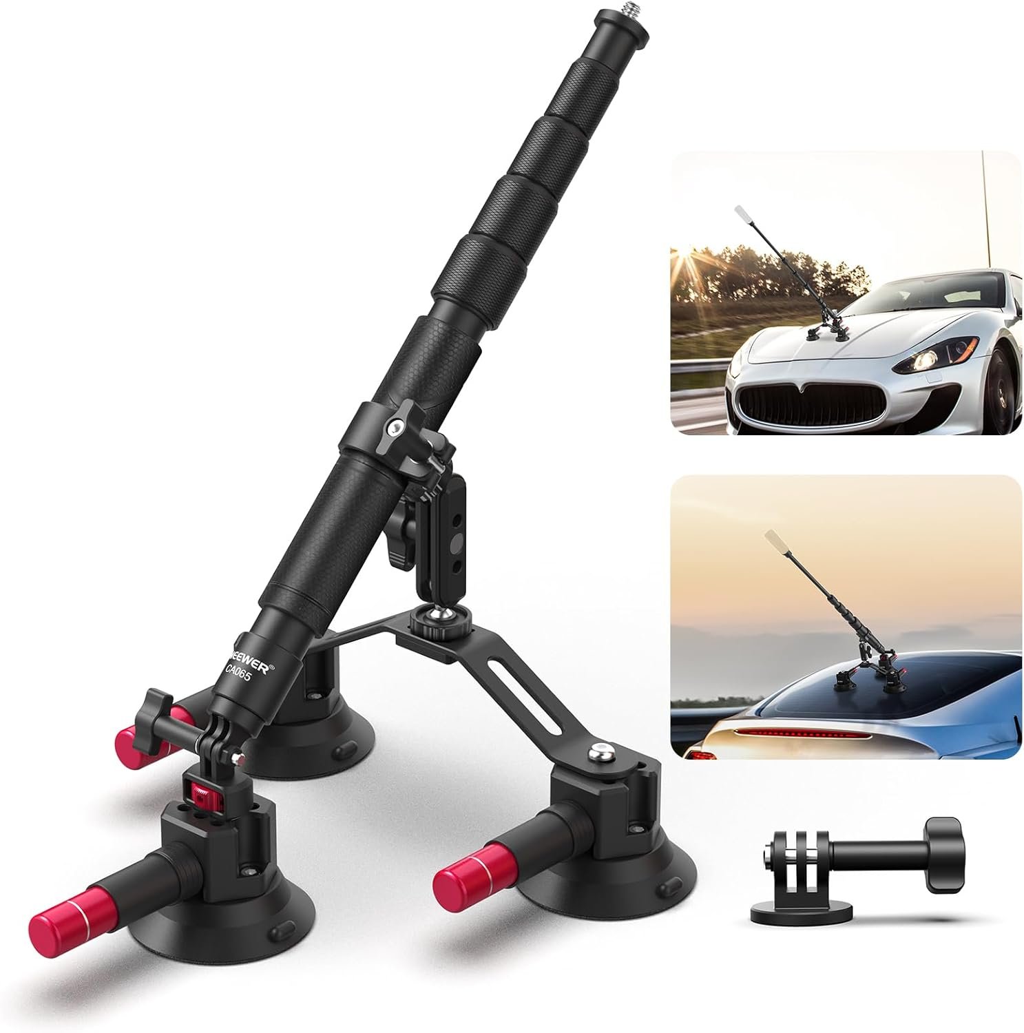 aa NEEWER Triple Suction Cup Car Mount Compatible with Insta360 X5 X4 GoPro DJI OSMO 360 Cameras, Quick Release Outside Windshield Magic Arm Mount Kit with 2 in 1 Extension Pole/Selfie Stick, CA065 - Image 1