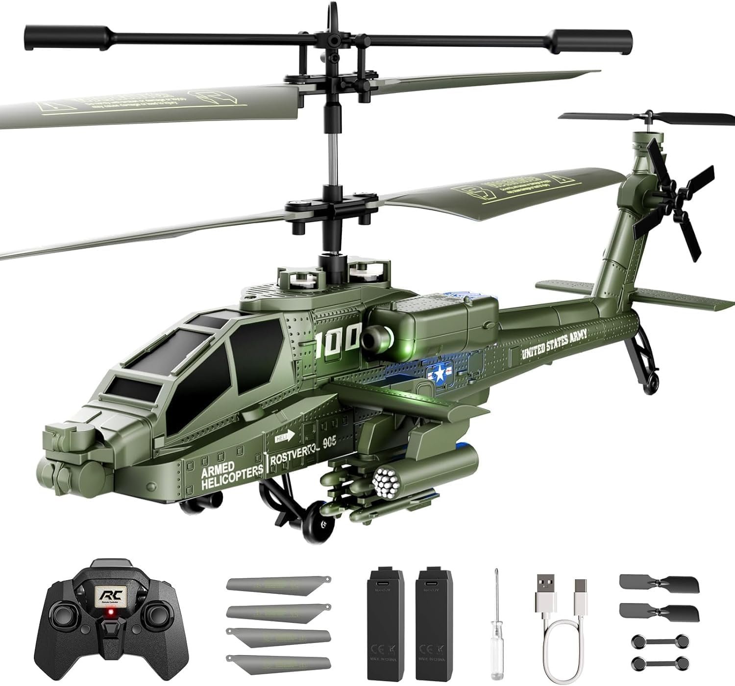 awis Apache RC Helicopter Toy for Adults, 2.4GHz RC Plane with 2 Batteries, LED Lights, One-Key Take Off, Altitude Hold, Military Remote Control Helicopter Plane Toys Gifts for Kids Boys 8+ Green - Image 1