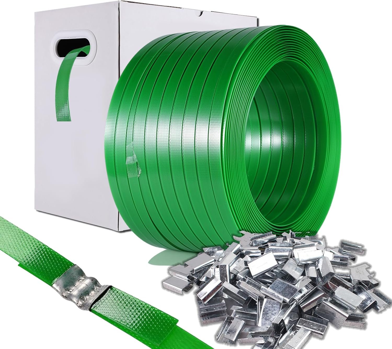 dssad Packaging Strapping, Pallet Straps, Banding Strap (450M Length x 16MM Wide x 0.9MM Thickness PET Polyester Coil Roll and 100 Buckles) - Certified 540KG Break Plastic Strap - Image 1
