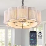 4 Lights Chandelier with Fan, Remote and App Control, 6 Speeds Rattan Ceiling Fan with Adjustable Chain, for Bedroom, Dining Room, Modern White, 20 inch Drum Shade(50.8 cm)