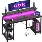 ODK Gaming Desk with RGB Light Strip & Built-in Socket, 10 Color Adjustable, Gaming Table with Monitor Stand, Office Table, 120 * 50 * 86.8cm(Carbon Fiber Black)