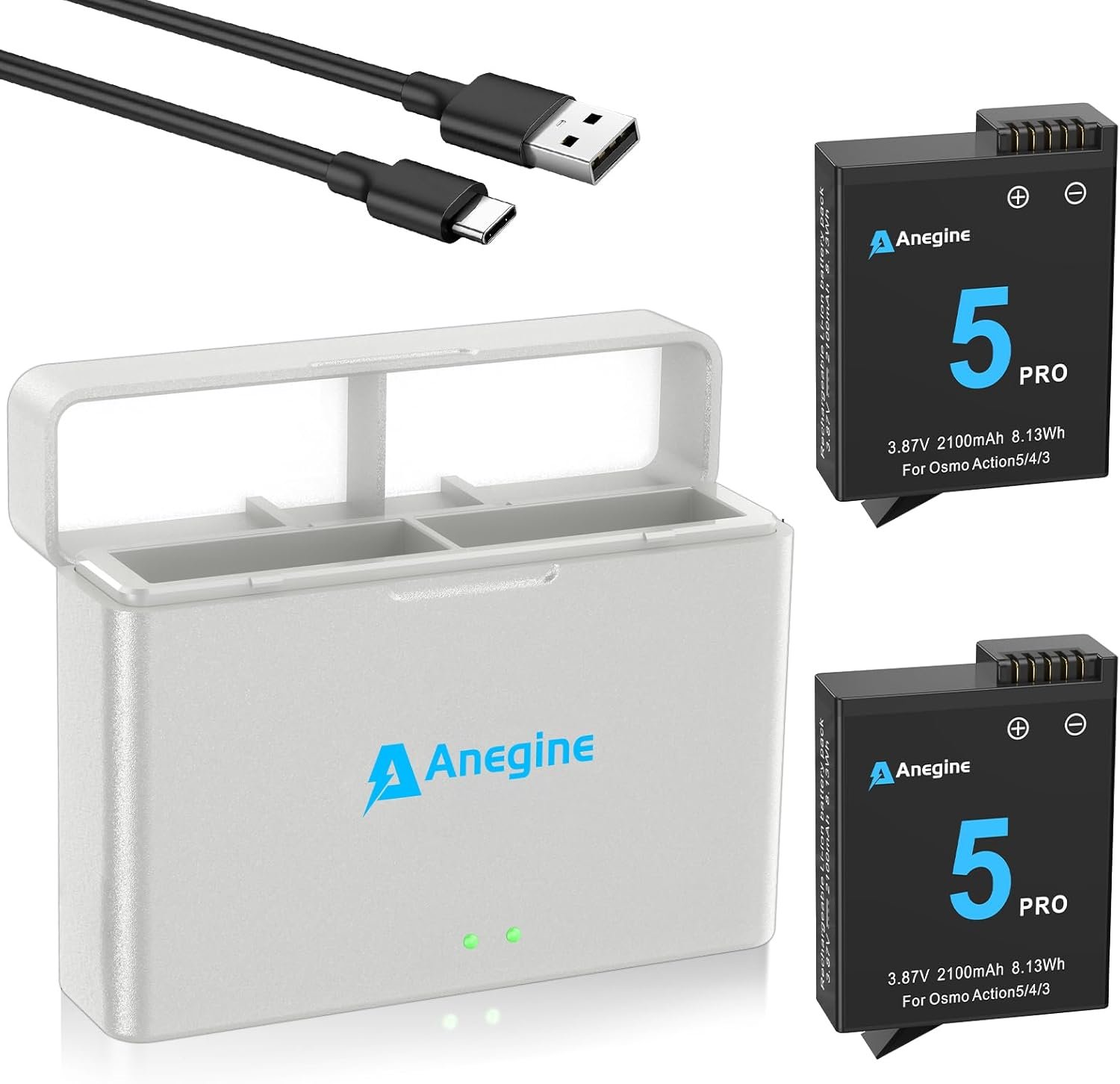 jpokpo Anegine DJI Osmo Action 6 5Pro 4 3 Battery 2100mAh and Dual Charging USB LED Charger Kit for DJI OSMO 360, DJIOsmoAction6, DJIOsmoAction5Pro, DJIOsmoAction4, DJIOsmoAction3 (2-Pack) - Image 1