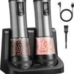 Rechargeable Electric Salt and Pepper Grinder Set with Battery Display & Charging Base, One-Touch Automatic Stainless Steel Mill with 5-Level Coarseness, LED Light, 100ml