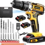 VINNYSEN 48V Cordless Drill, 3/8 Inch Power Drill Set with 2 Lithium Ion Battery and Charger, Electric Drill with Variable Speed, 24-Pieces Drill/Driver Accessories Kit (Yellow)
