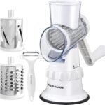 Kleva Range Sumo Slicer - Rotary Cheese Grater & Vegetable Slicer – Manual Hand Crank Shredder with 3 Stainless Steel Blades | Strong Suction Base, Fast & Effortless Grating for Cheese, Carrots & More