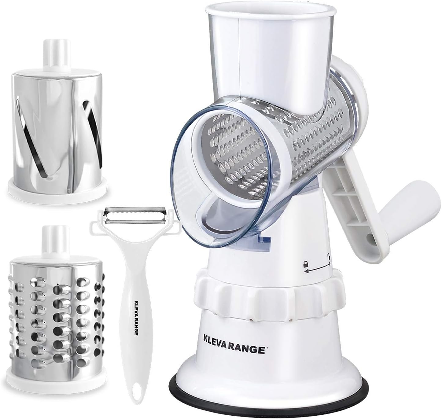 ;ll;; Kleva Range Sumo Slicer - Rotary Cheese Grater & Vegetable Slicer – Manual Hand Crank Shredder with 3 Stainless Steel Blades | Strong Suction Base, Fast & Effortless Grating for Cheese, Carrots & More - Image 1