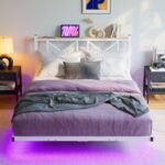 Floating Bed Frame Double with LED Lights & Charging Station,Double Bed Frame Full with Storage Headboard, Heavy Duty Metal Platform Slat Bed Base,Easy to Assembly,White