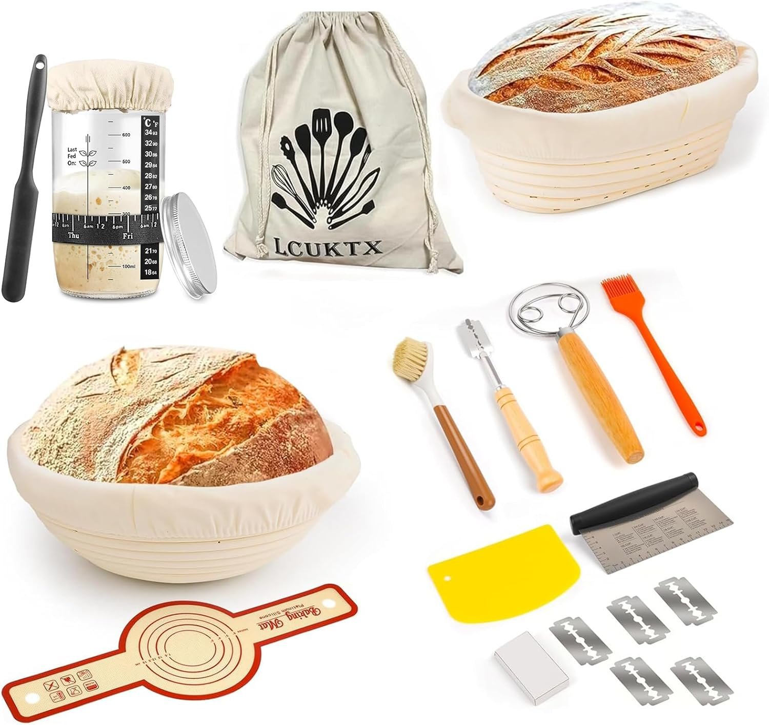 stfygjhkl Complete Sourdough Starter Kit,Banneton Bread Proofing Basket Set,Sourdough Baking Kit with 9'' Round and 10'' Oval Sourdough Bread Baskets, Sourdough Starter Jar,Sourdough banneton Basket Gift Set - Image 1