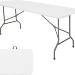 Folding Table, 180cm Camping Table Portable, Heavy Duty Plastic Rectangular Outdoor Dining Table Steel Legs Fold-in-Half with Carrying Handle for Indoor, Picnic, Party, Wedding, Events