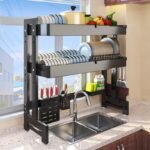 Uandhome Over The Sink Dish Rack,64-100 CM,Length Adjustable Extra Heavy Duty Adjustable Length and Height Large Dish Drying Stand Drainer with Utensil Holder for Kitchen Countertop Organizer (L)
