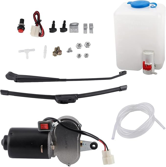 61Hgi0jtdQS._AC_SX679_ Windshield Wiper Motor Kit, Universal 12V UTV ATV 30W Electric Motor Standard Wiper Motor Kit with Washer Pump Bottle Assembly, UTV Wiper Kit, Blade Arm, Water Spout, Pot, Hose - Image 1