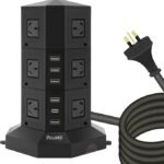 Tower Power Strip USB Surge Protector Socket Board 12 AC Outlets with PD USB C 48W Ports Chargers 2M Long Extension Cord SAA Certified Black (Black)