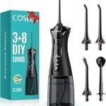 COSLUS C30 Portable Water Dental Flosser, 4 Modes with Upgraded DIY Level | Oral Irrigator for Braces & Gums Care, Multiple Users, Deep Cleaning, Rechargeable, Cordless for Travel, 300ML, IPX7, Black