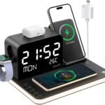 7-in-1 Wireless Charging Station with Clock, Wireless Charger with Night Light, Bluetooth Phone Time Sync, for iPhone 17/16/15/14/13 Pro Max, Android Phones, AirPods & Apple Watch, 33W Adapter