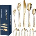 20pcs Stainless Steel Flatware Set, Unique Flower Pattern Silverware Set Service for 4 People, Golden Cutlery Set with Knives/Forks/Spoons, Mirror Polished Utensil Set for Kitchen, Dishwasher Safe