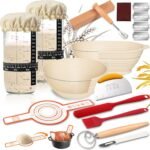 Sourdough Starter Kit, 2 Jars, Round & Oval Banneton Proofing Basket, Dough Whisk, Scoring Tool, Metal Scraper, Silicone Baking Sling and Other Bread Making Tools
