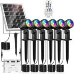 MEIKEE Solar Garden Lights Outdoor with Remote Control - 6 in 1 RGB Spotlight IP66 Waterproof 10 Steady Colours & 30 Color-Changing Modes, Timing, Colorful LED Landscape Light for Yard Lawn Tree Pool