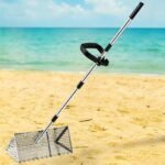 Stainless Steel Sand Flea Rake with Shark-Tooth Mesh, 4-Section Detachable Handle, Ergonomic Grip for Beach, Metal Detecting, Shell & Treasure Hunting