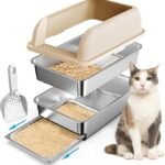 23.6"x16"x12" Stainless Steel Sifting Litter Box with Lid, XL Sifting Litter Box for Pine Pellets Less Tracking, High Sides Metal Litter Tray with Removable Drawer Pan, Anti-Leakage, Easy Cleaning