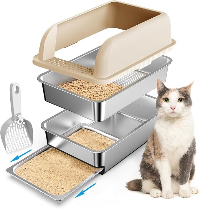 71WHlZ9AZWL._AC_SX679_ 23.6"x16"x12" Stainless Steel Sifting Litter Box with Lid, XL Sifting Litter Box for Pine Pellets Less Tracking, High Sides Metal Litter Tray with Removable Drawer Pan, Anti-Leakage, Easy Cleaning - Image 1
