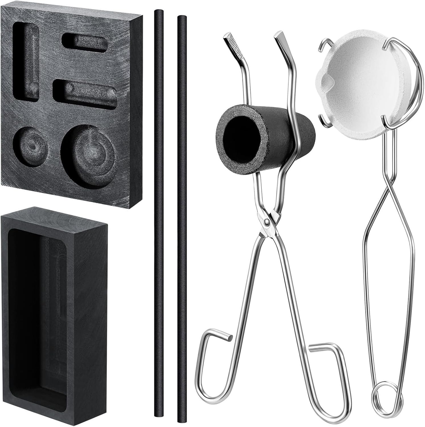 71XwVvXK2pL._AC_SL1500_ 8 Pcs Graphite Crucible Ingot Mould Kit, Includes Crucible Tongs Gold Silver, and Copper Ingot Mold Stir Rod, for Metal Foundry Refining Jewelry Tool - Image 1