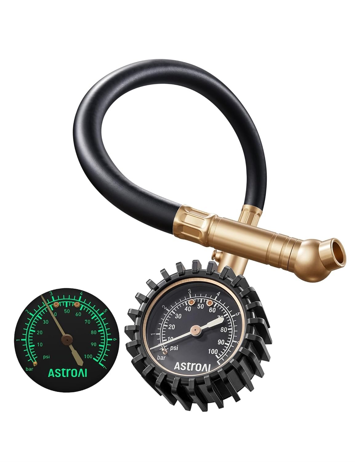71ZMrpTqTSL._SL1500_ AstroAI Heavy Duty Tyre Pressure Gauge, 100 PSI Certified ANSI B40.1 Accurate with Large 2" Easy Read Glow Dial, Durable Rubber Hose and Solid Brass Construction - Perfect for SUVs, RVs, Trucks, Cars - Image 1