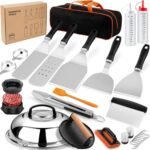 27pcs Griddle Accessories Kit,Flat Top Grilling Tools for Blackstone and Camp Chef,Metal Spatulas,Scraper Choppers,Melting Domes,Cast Iron Burger Press,Carry Bag for Outdoor Barbecue