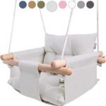 CaTeam Canvas Baby Swing Seat with 5-Point Safety Belt — Wooden Hanging Toddler Swing, Indoor & Outdoor, Ages 1-4, Ceiling Mount Hardware Included, Gray