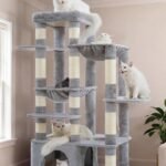 Heybly Cat Tree, 180cm Tall Cat Tower for Large Maine Coon Cats with Extra-Large Baseboard, Cat Condo Furniture with Multi-Level Platforms, 2 Hammocks and 12 Scratching Posts, Light Gray HCT037W